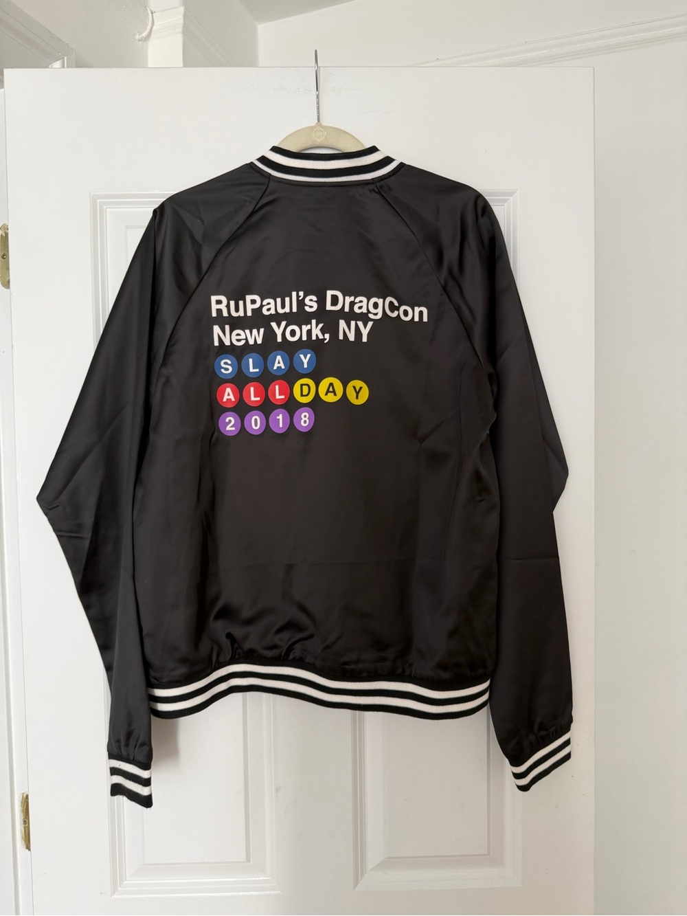 RuPauls’s DragCon Black Satin Bomber Jacket - Slay All Day 2018
